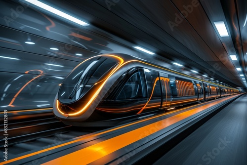 Modern High-Speed Train Blurring Past Underground Platform with Lights