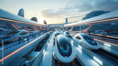 A futuristic transportation hub with autonomous vehicles, high-speed trains, and advanced navigation systems