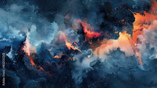 Moody midnight blues blend with fiery oranges in a cosmic explosion of abstract watercolor