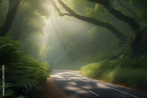 a tranquil forest scene with a curving road bathed in dappled sunlight filtering through dense green foliage.