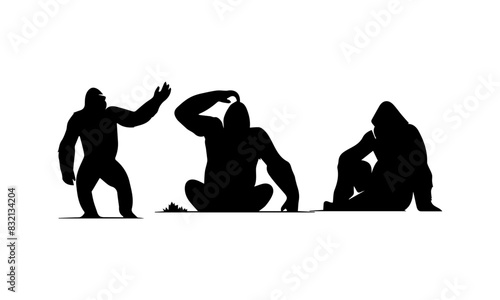 set of silhouette of gorillas in black and white icons