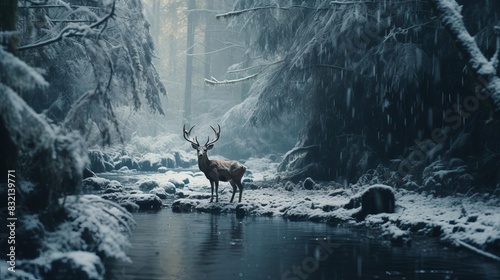 Deer standing in the snow-covered forest ,gives a feeling of calm and solemnity in winter.