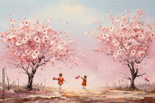  Children's watercolor pictures Have fun running around under the big tree that was full of pink flowers of spring