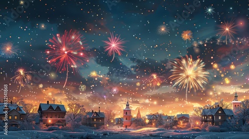 A picturesque landscape with a town celebrating New Year Day under a sky filled with colorful fireworks cartoon Vector Illustration Generative AI