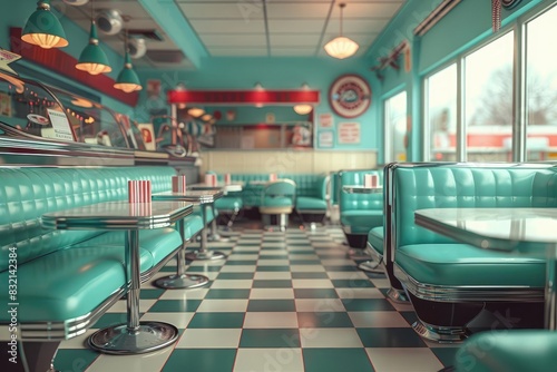 Retro 1950s diner interior with turquoise booths and checkered floor, featuring vintage decor and classic American diner ambiance.