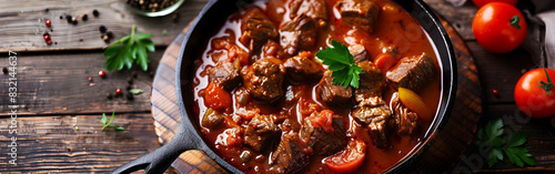 Hungarian goulash with vegetables and meat in a bowl on a dark shelf with tamatos and spices eid ul azha special