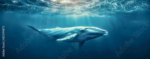 Giant whale swimming in the blue warm ocean.