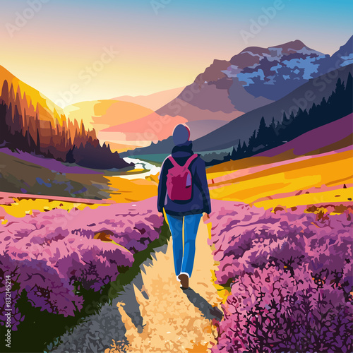 A woman hiking in meadow with blooming heather field.