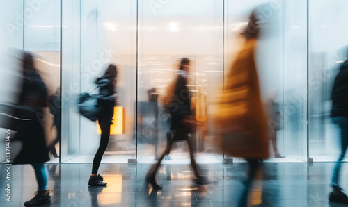 Beautiful motion blur of people walking in the morning rush hour, busy modern life concept