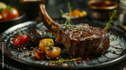 a gourmet tomahawk steak with small decoration on the decorative plate