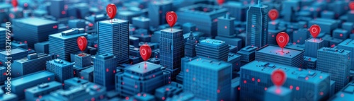 3D stylized map with bold red location pins dominating a sea of blue buildings, pinpointing crucial urban hotspots in a digital cityscape