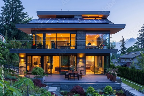 Sleek Solar Home at Dusk with Solar-Powered Lighting