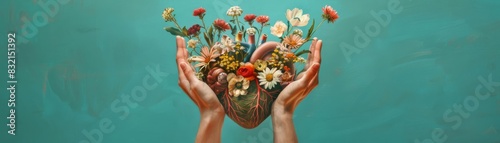 A conceptual artwork featuring hands lifting a heart filled with flowers, blending anatomical detail with botanical beauty on a serene teal background