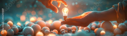 A conceptual piece showing a lit light bulb being handed from one person to another, symbolizing the passing of knowledge, against a backdrop of soft glowing orbs