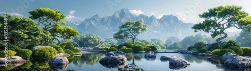 A harmonious garden scene complete with a shimmering pond, majestic trees, and a panorama of mountains, ideal for depicting a serene and vibrant ecosystem