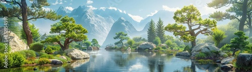 A harmonious garden scene complete with a shimmering pond, majestic trees, and a panorama of mountains, ideal for depicting a serene and vibrant ecosystem