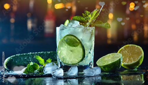 Mojito cocktail with lime, cucumber, mint and ice on dark background
