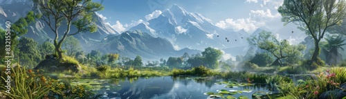 A lush, detailed landscape where natures tranquility meets the grandeur of mountain vistas, featuring a reflective pond and diverse flora for a serene setting