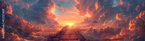 A mystical journey captured as an ancient stone staircase stretches into a fiery sky, surrounded by swirling clouds and a radiant sunset, symbolizing hope and ascension