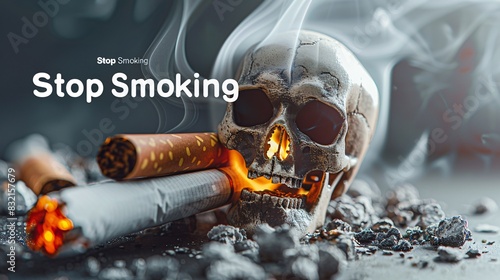 A powerful banner for World No Tobacco Day featuring a broken cigarette with smoke dissipating into a skull shape. The text "Stop Smoking" is prominently displayed, with a warning about the dangers