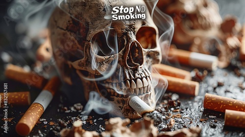 A powerful banner for World No Tobacco Day featuring a broken cigarette with smoke dissipating into a skull shape. The text "Stop Smoking" is prominently displayed, with a warning about the dangers