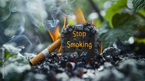 A banner for World No Tobacco Day with a creative depiction of a cigarette burning down to form the shape of a gravestone. The text "Stop Smoking" is starkly displayed, emphasizing the fatal