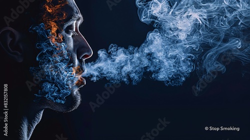 A visually impactful banner for World No Tobacco Day with a human silhouette filled with smoke, depicting the internal harm caused by smoking. The text "Stop Smoking" is prominently featured, urging