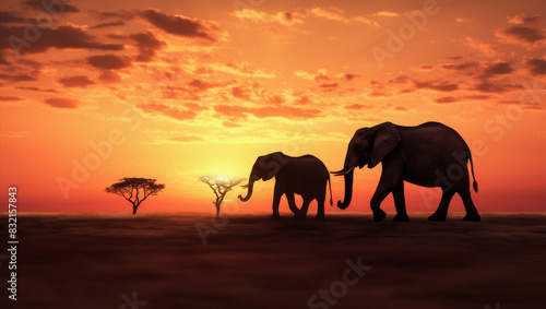 Silueta de elefantes en el atardecer de la sabana africana.