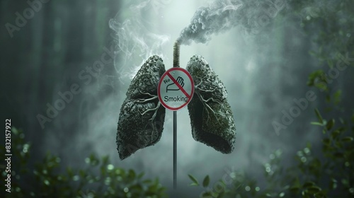 An illustration of a healthy pair of lungs contrasted with a blackened, smoke-filled pair, divided by a red "No Smoking" sign. The background is a gradient from healthy green to dark, smoky gray,
