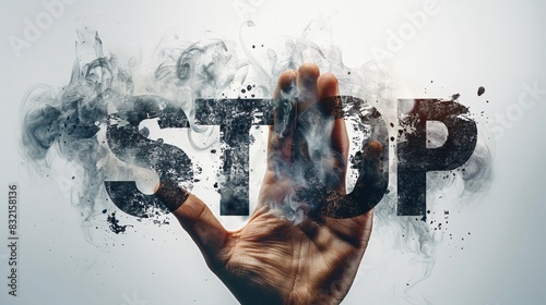 A poster showing a hand crushing a cigarette, with smoke forming the word "STOP" above. The background is a clean white, keeping the focus on the hand and the powerful anti-smoking message.