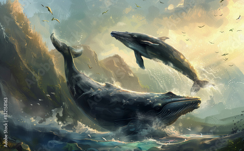 Ballenas saltando del agua del mar.