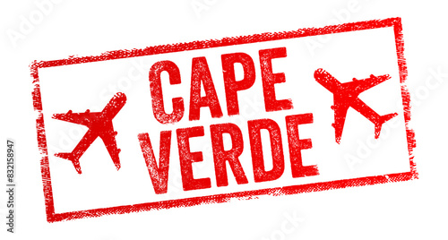 Cape Verde - is an archipelago and island country of West Africa in the central Atlantic Ocean, text emblem stamp with airplane