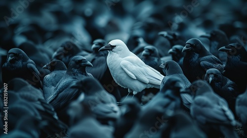 A white bird stands out in the middle of black crows, surrounded by many crow flocks. Be standout. Show different thinking ideas. Business technology change and disruption for new normal concept.