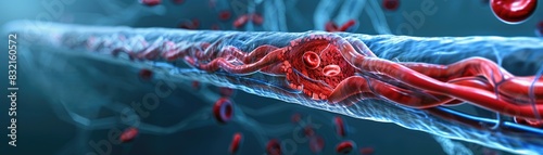 3D rendering of a blood clot in a blood vessel with red blood cells, depicting a medical concept of thrombosis and cardiovascular health.