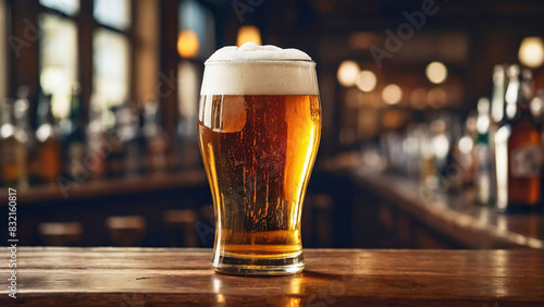 Frothy Beer Glass on Wooden Bar Counter