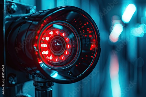 Close-up of a red security camera in a blue-lit environment, highlighting surveillance and safety technology in a modern setting.