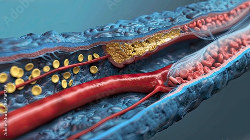 Detailed 3D illustration of arterial plaque and blockage in arteries, representing cardiovascular and heart disease.