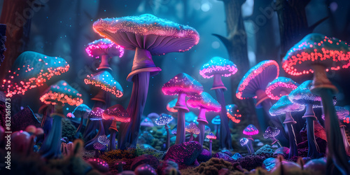 A colorful mushroom wallpaper with a blue background and a colorful mushroom wallpaper at night view. 