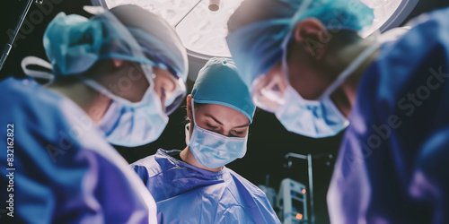 Highly skilled surgeons in blue surgical attire are immersed in performing an operation under bright surgery lights