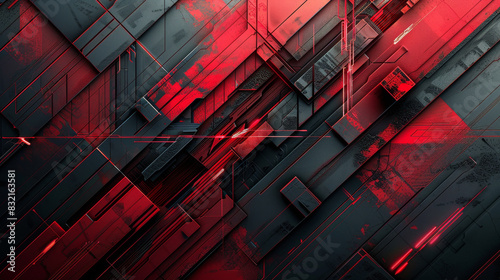Abstract red and black design blending cyber and metal elements with geometric lines and futuristic shadows