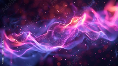 Abstract cosmic background with flowing pink and blue energy against a dark starry backdrop.