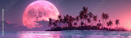 An idyllic neondrenched island with palm trees under a huge pink moon, creating a magical landscape that merges reality with fantasy