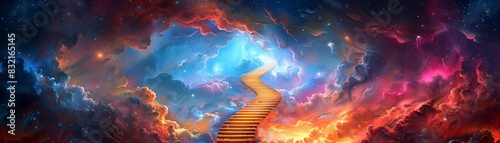 An ethereal staircase rising into a vibrant, stormy sky, symbolizing a journey to enlightenment or the unknown, with dramatic lighting and celestial colors