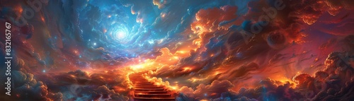 An artistic vision of a stairway leading up through a mystical and dynamic sky