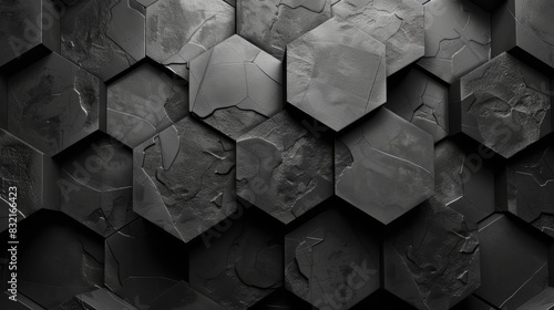 Abstract geometric pattern of hexagonal shapes in a dark, textured, monochromatic style.