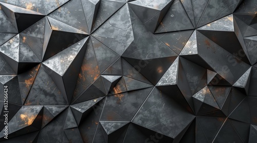 Abstract geometric pattern of metallic triangular shapes with a textured surface.