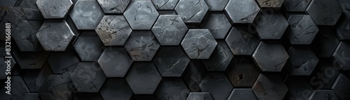 Abstract hexagonal pattern, dark grey, textured background.
