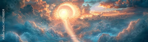 A surreal journey up a staircase enveloped in clouds, leading to a luminous archway against a backdrop of a heavenly realm, symbolizing divine guidance