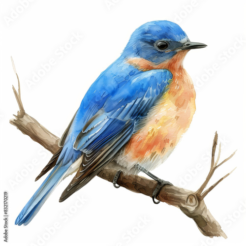 Beautiful watercolor illustrations of bluebirds perched on branches, showcasing vibrant blue and orange feathers against a white background.