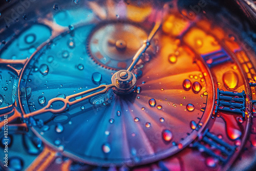 A close-up view of a metallic clock face with water droplets, creating a surreal and abstract composition